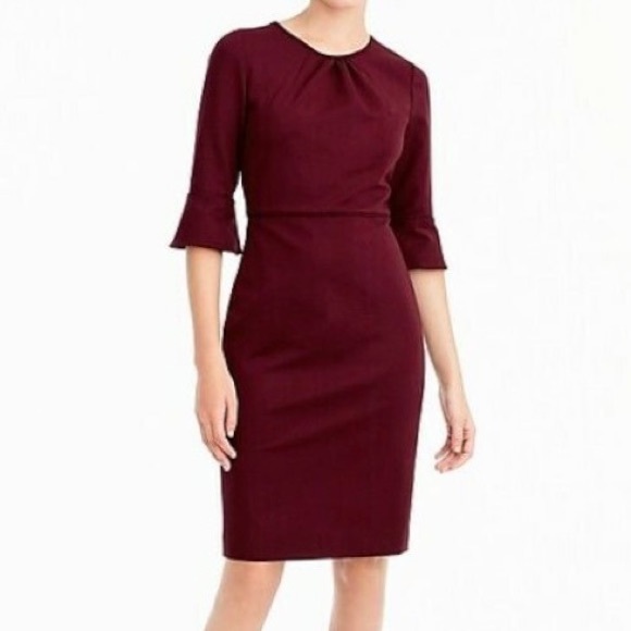 NWT JCREW Bell-sleeve Sheath Stretch Ponte Dress Dark Cranberry Size 12 - Picture 1 of 11